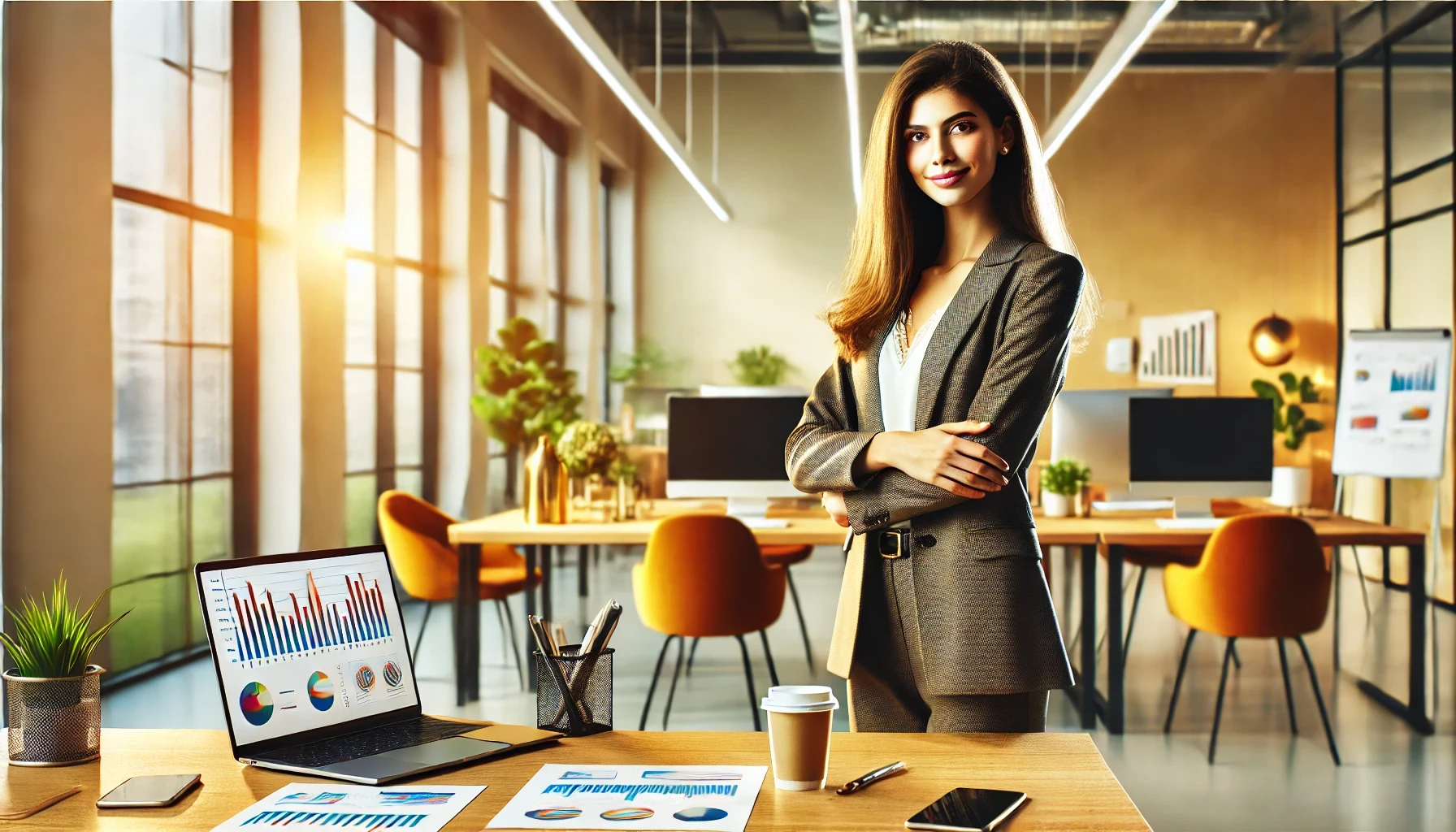 A female business manager standing confidently in a bright, modern office setting. She is positioned in front of a desk with a laptop, charts, and a coffee cup, with large windows letting in natural light. The space is vibrant and professional, emphasizing leadership and positivity.