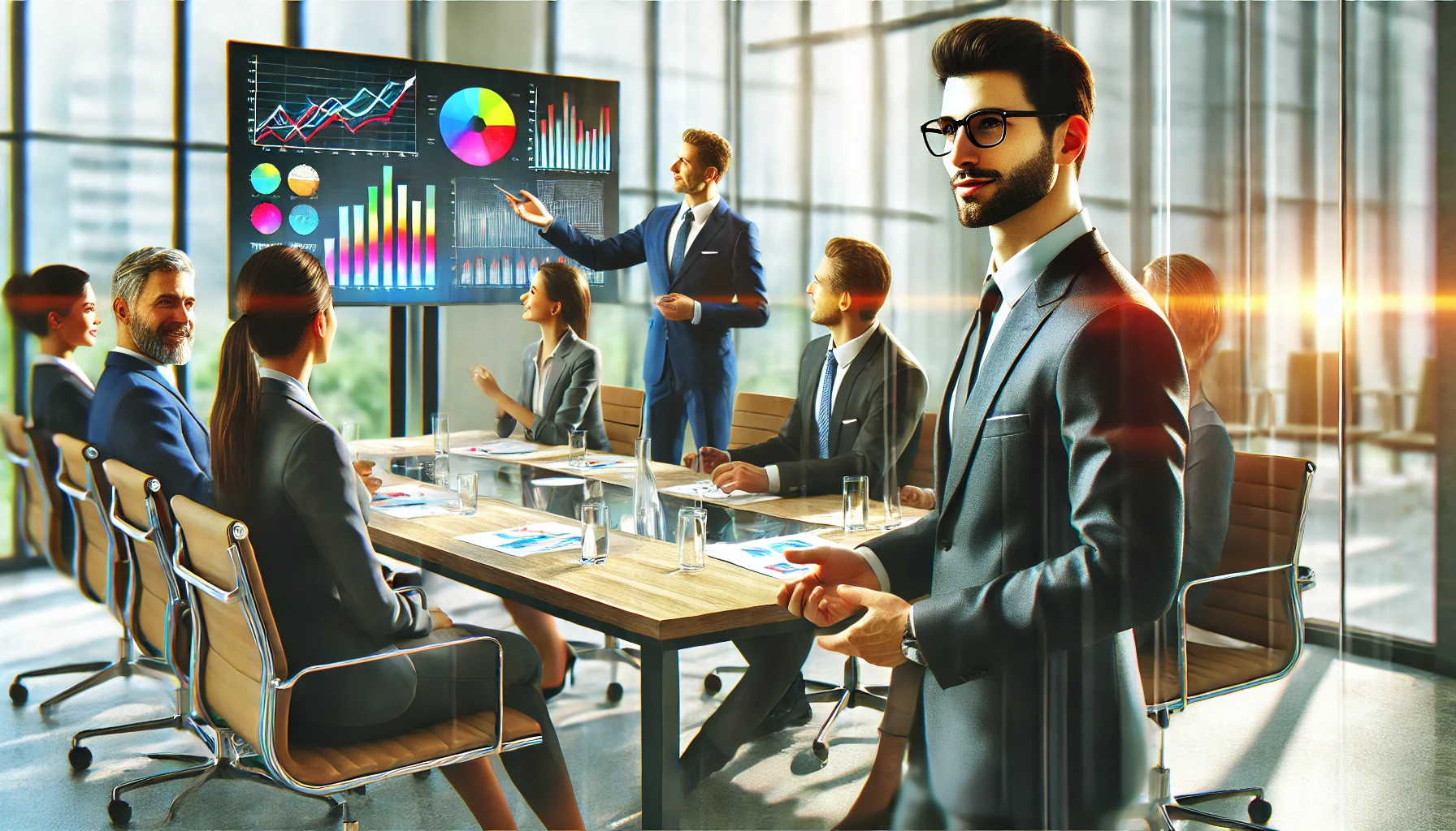 A diverse group of professionals collaborating in a bright, modern office setting. A confident business manager, dressed in professional attire, is leading a discussion at the head of a conference table. The manager gestures toward a presentation screen displaying colorful business charts and graphs. The office features large windows with natural light, clean decor, and a professional atmosphere focused on teamwork and leadership.