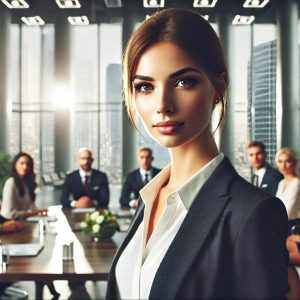 A confident female business manager in formal attire stands at the head of a conference table, leading a discussion with her team in a sleek, modern office. Large windows provide a bright, natural light backdrop with city views. The atmosphere is professional and inviting, with team members actively engaged, reflecting collaboration and leadership.