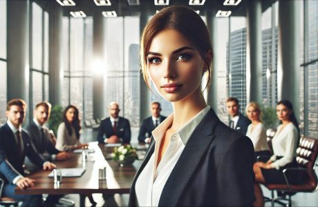 A confident female business manager in formal attire stands at the head of a conference table, leading a discussion with her team in a sleek, modern office. Large windows provide a bright, natural light backdrop with city views. The atmosphere is professional and inviting, with team members actively engaged, reflecting collaboration and leadership.