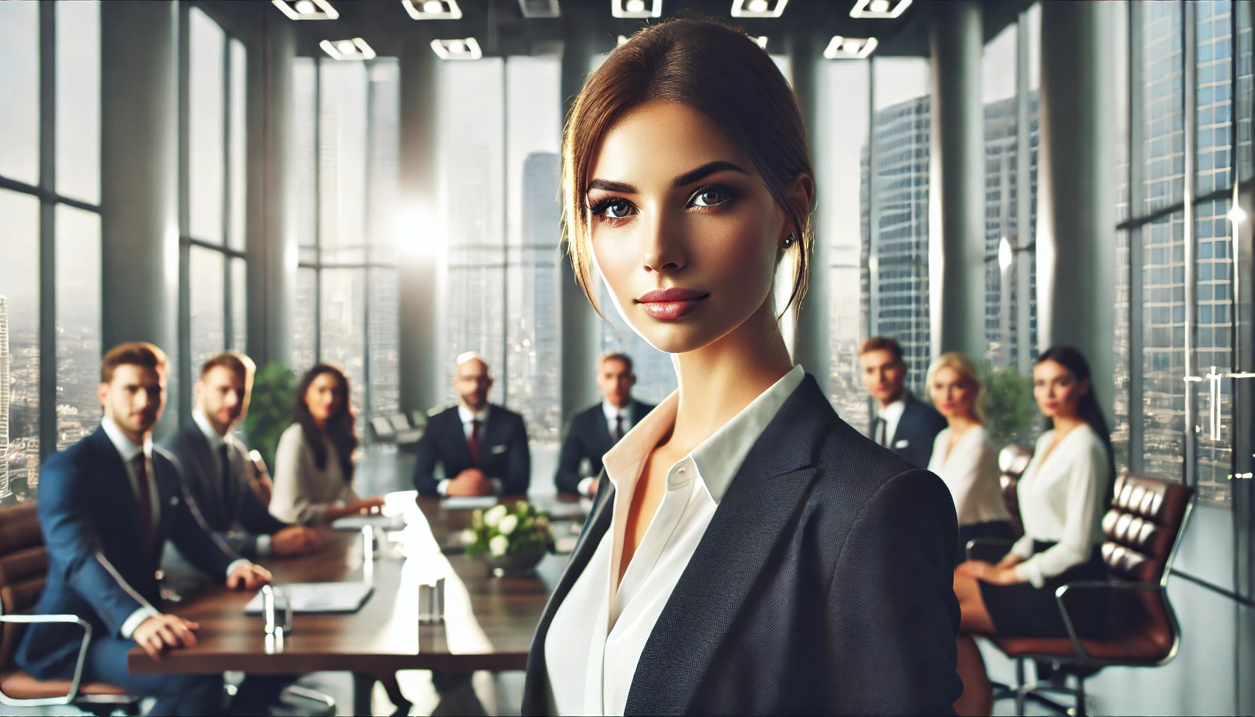 A confident female business manager in formal attire stands at the head of a conference table, leading a discussion with her team in a sleek, modern office. Large windows provide a bright, natural light backdrop with city views. The atmosphere is professional and inviting, with team members actively engaged, reflecting collaboration and leadership.