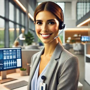 A confident female medical administrative assistant standing at a desk in a modern healthcare office. She is dressed in business casual attire, wearing a one-ear headset with a mic boom, and smiling warmly. The desk is neatly organized with a laptop, patient files, and a subtle healthcare-related interface on the screen. The background features a sleek, brightly lit office with a calm and welcoming ambiance.