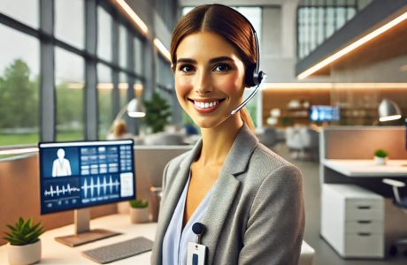 A confident female medical administrative assistant standing at a desk in a modern healthcare office. She is dressed in business casual attire, wearing a one-ear headset with a mic boom, and smiling warmly. The desk is neatly organized with a laptop, patient files, and a subtle healthcare-related interface on the screen. The background features a sleek, brightly lit office with a calm and welcoming ambiance.