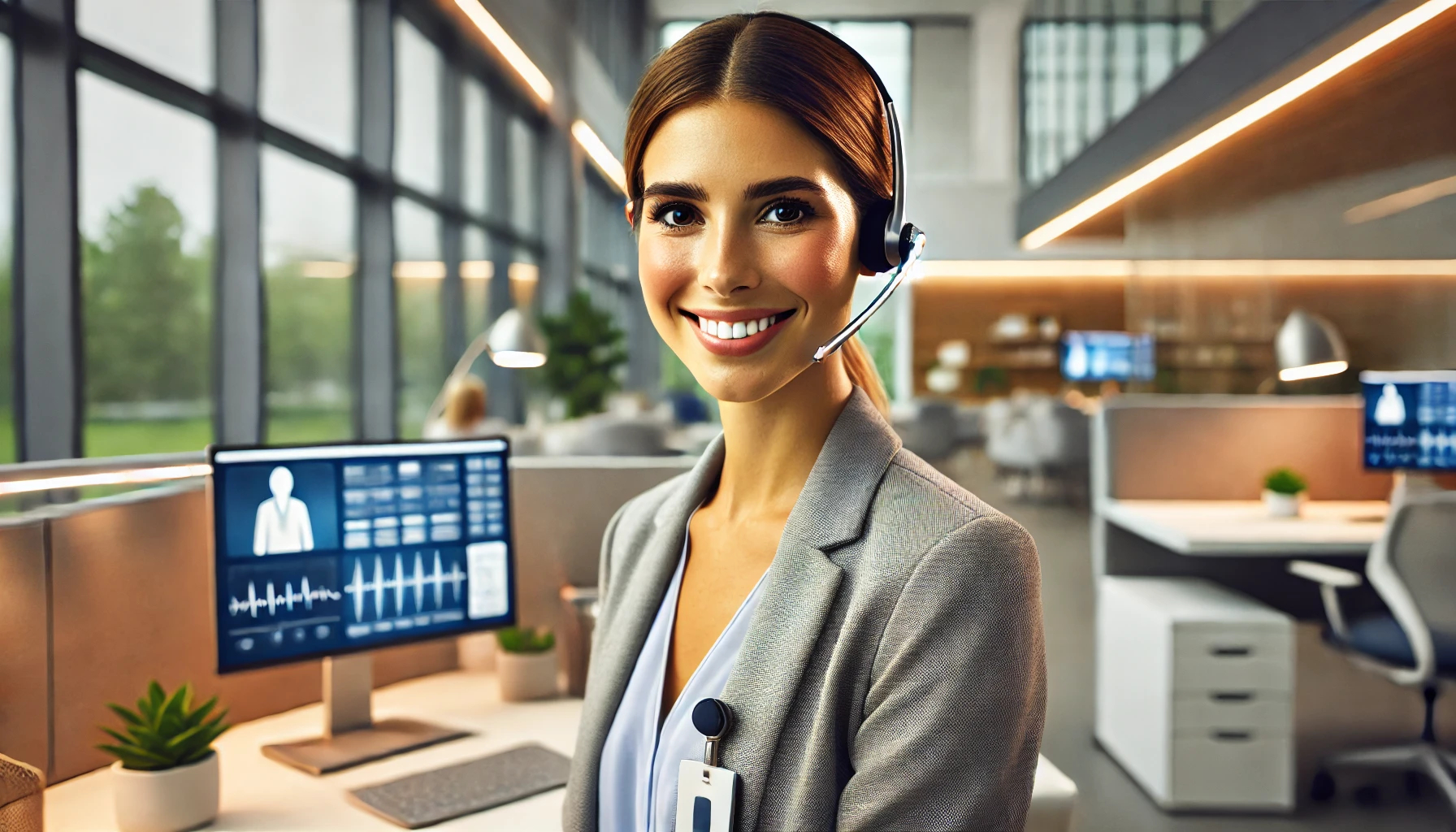 A confident female medical administrative assistant standing at a desk in a modern healthcare office. She is dressed in business casual attire, wearing a one-ear headset with a mic boom, and smiling warmly. The desk is neatly organized with a laptop, patient files, and a subtle healthcare-related interface on the screen. The background features a sleek, brightly lit office with a calm and welcoming ambiance.