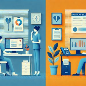 A simplified healthcare office scene with two distinct roles: a medical coder focused on a computer with medical charts on the left, and a medical biller talking on the phone with billing documents on the right.