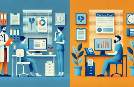 A simplified healthcare office scene with two distinct roles: a medical coder focused on a computer with medical charts on the left, and a medical biller talking on the phone with billing documents on the right.