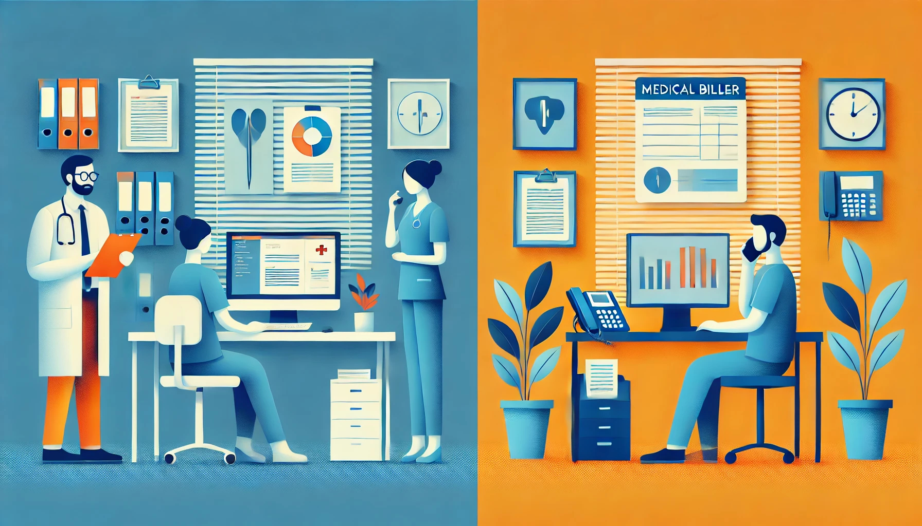 A simplified healthcare office scene with two distinct roles: a medical coder focused on a computer with medical charts on the left, and a medical biller talking on the phone with billing documents on the right.