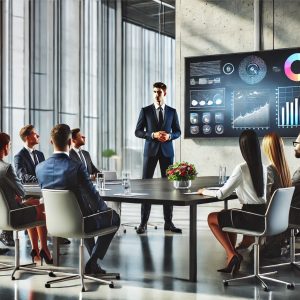 A professional business manager leading a team meeting in a modern office. The manager stands near a sleek conference table surrounded by a diverse group of team members. A large screen in the background displays colorful charts and graphs, symbolizing collaboration and strategic planning. The setting is bright and well-lit, with natural light streaming through large windows and minimalistic decor.