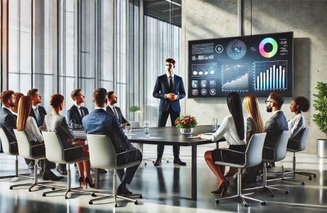 A professional business manager leading a team meeting in a modern office. The manager stands near a sleek conference table surrounded by a diverse group of team members. A large screen in the background displays colorful charts and graphs, symbolizing collaboration and strategic planning. The setting is bright and well-lit, with natural light streaming through large windows and minimalistic decor.