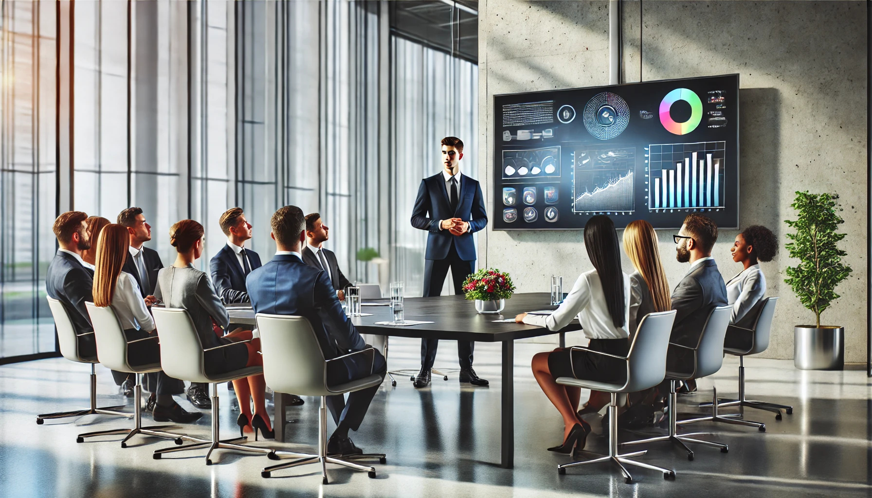 A professional business manager leading a team meeting in a modern office. The manager stands near a sleek conference table surrounded by a diverse group of team members. A large screen in the background displays colorful charts and graphs, symbolizing collaboration and strategic planning. The setting is bright and well-lit, with natural light streaming through large windows and minimalistic decor.