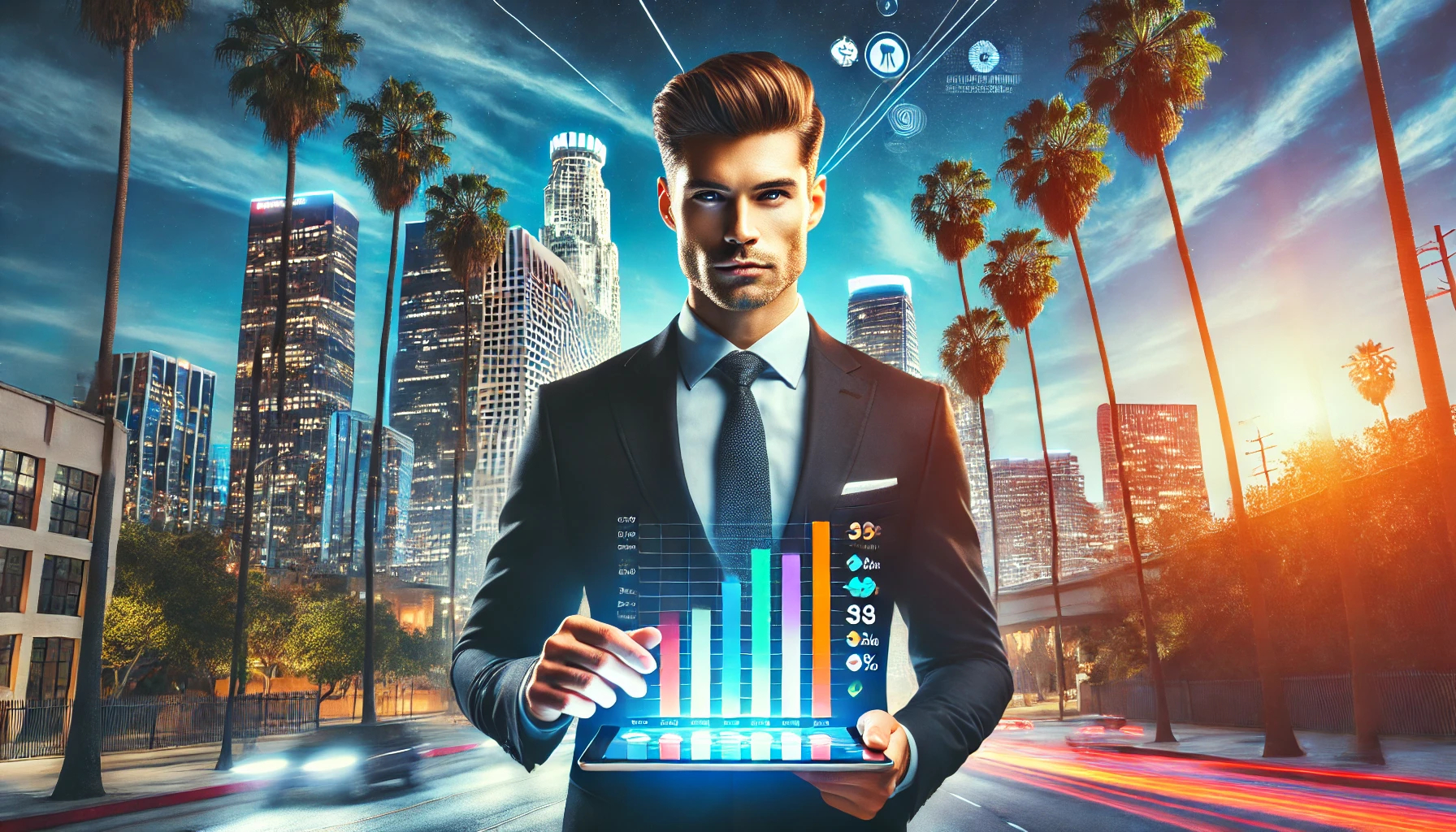 A confident business manager in a professional suit holding a tablet displaying colorful salary charts, standing in front of the downtown Los Angeles skyline under a bright blue sky, with palm trees in the background.