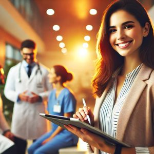 A warm and inviting clinic setting featuring a female Medical Records Technician in business casual attire, confidently holding a tablet displaying digital patient records. She is the central focus, smiling and engaged, with a doctor in a white coat and a nurse in scrubs blurred in the background, symbolizing collaboration and professionalism in healthcare. The scene is illuminated with warm tones, creating a welcoming and professional atmosphere.