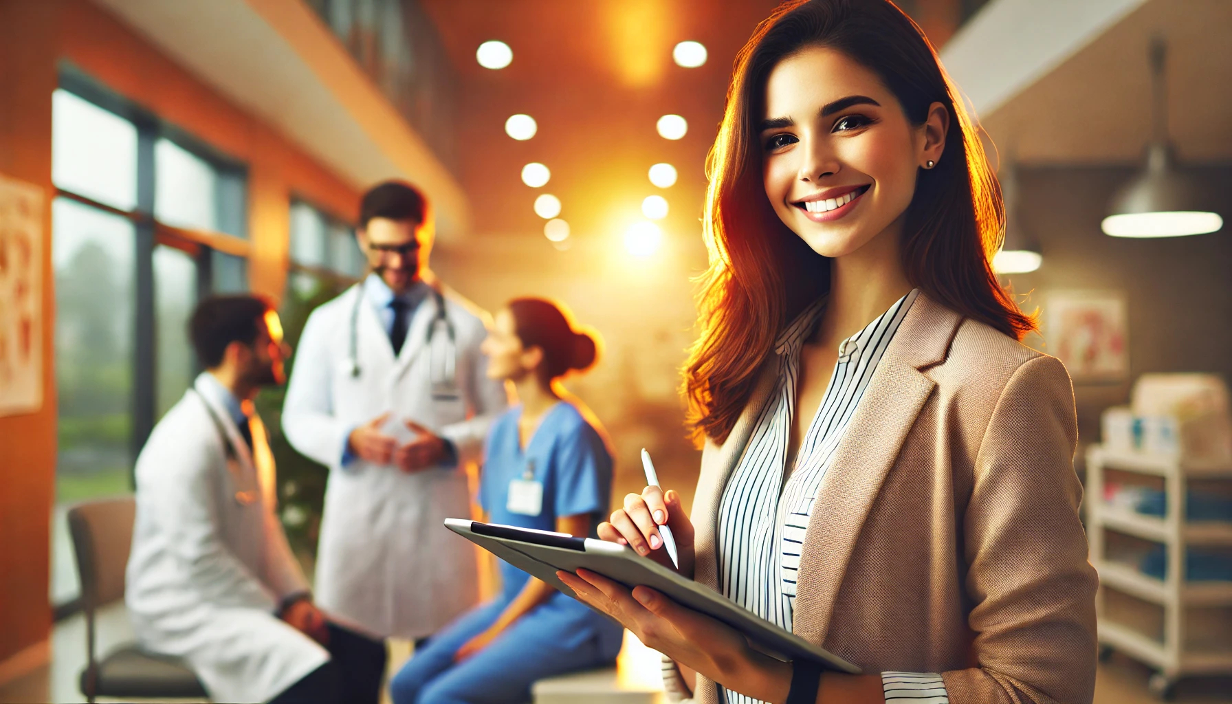 A warm and inviting clinic setting featuring a female Medical Records Technician in business casual attire, confidently holding a tablet displaying digital patient records. She is the central focus, smiling and engaged, with a doctor in a white coat and a nurse in scrubs blurred in the background, symbolizing collaboration and professionalism in healthcare. The scene is illuminated with warm tones, creating a welcoming and professional atmosphere.