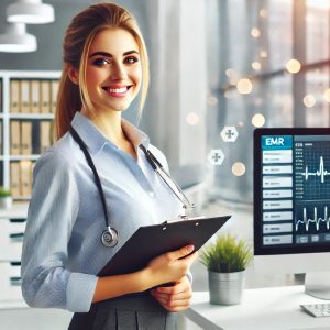 A cheerful female medical records technician in a well-lit, professional office environment. She is dressed in business casual attire, holding a clipboard and smiling confidently. The background features a modern office setup with organized files and a computer screen displaying EMR software.