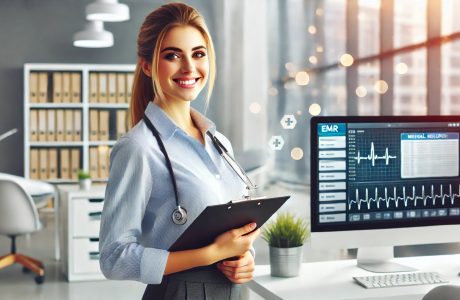 A cheerful female medical records technician in a well-lit, professional office environment. She is dressed in business casual attire, holding a clipboard and smiling confidently. The background features a modern office setup with organized files and a computer screen displaying EMR software.