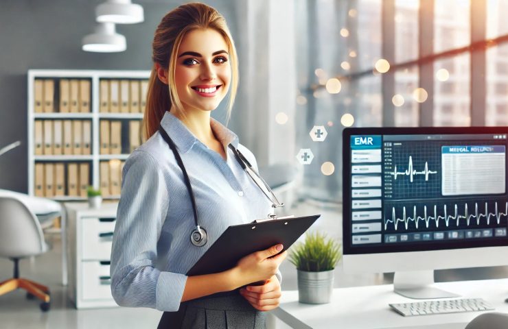 A cheerful female medical records technician in a well-lit, professional office environment. She is dressed in business casual attire, holding a clipboard and smiling confidently. The background features a modern office setup with organized files and a computer screen displaying EMR software.