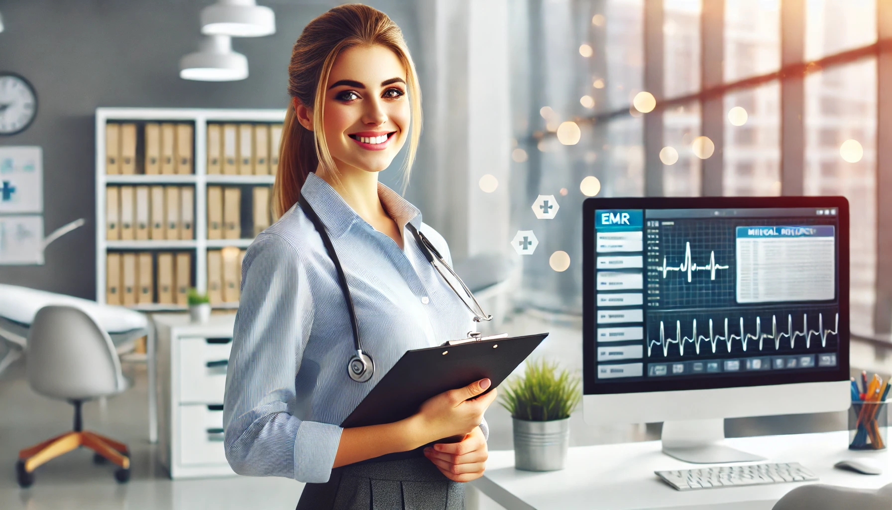 A cheerful female medical records technician in a well-lit, professional office environment. She is dressed in business casual attire, holding a clipboard and smiling confidently. The background features a modern office setup with organized files and a computer screen displaying EMR software.