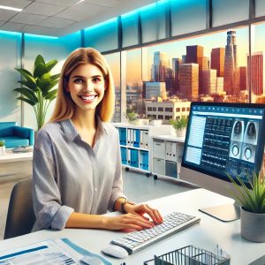 A smiling female medical records technician in business-casual attire seated at a desk in a bright, modern medical office. She faces the camera with a computer screen displaying digital patient records. The background features a large window with a sunny California cityscape, including palm trees and urban architecture, creating a vibrant and professional atmosphere.