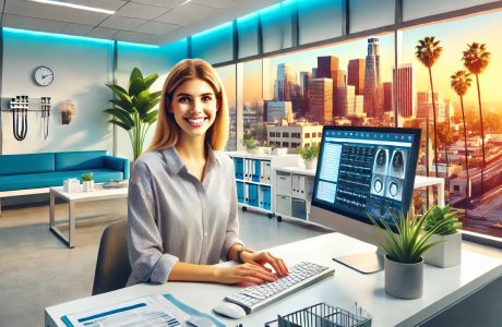 A smiling female medical records technician in business-casual attire seated at a desk in a bright, modern medical office. She faces the camera with a computer screen displaying digital patient records. The background features a large window with a sunny California cityscape, including palm trees and urban architecture, creating a vibrant and professional atmosphere.