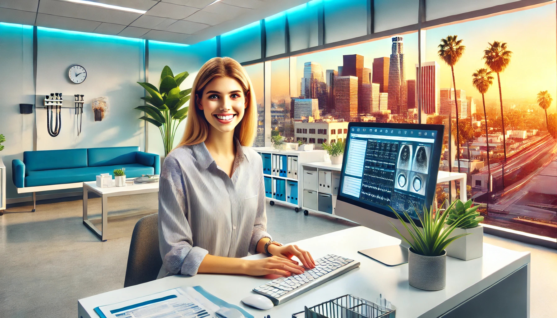 A smiling female medical records technician in business-casual attire seated at a desk in a bright, modern medical office. She faces the camera with a computer screen displaying digital patient records. The background features a large window with a sunny California cityscape, including palm trees and urban architecture, creating a vibrant and professional atmosphere.