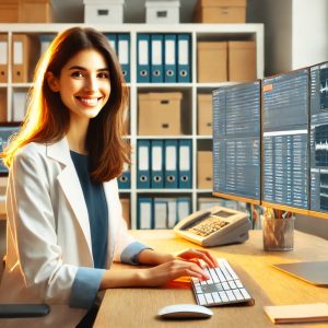 A female Medical Records Technician in a warmly lit office, sitting at a desk and working on a computer with multiple screens displaying digital patient records and healthcare charts. She is dressed in business-casual attire, with a friendly and professional expression, and the background features organized shelves and office supplies, creating a clean and efficient workspace.