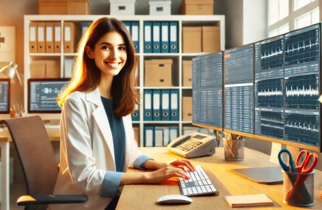 A female Medical Records Technician in a warmly lit office, sitting at a desk and working on a computer with multiple screens displaying digital patient records and healthcare charts. She is dressed in business-casual attire, with a friendly and professional expression, and the background features organized shelves and office supplies, creating a clean and efficient workspace.