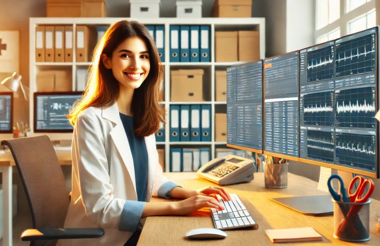 A female Medical Records Technician in a warmly lit office, sitting at a desk and working on a computer with multiple screens displaying digital patient records and healthcare charts. She is dressed in business-casual attire, with a friendly and professional expression, and the background features organized shelves and office supplies, creating a clean and efficient workspace.