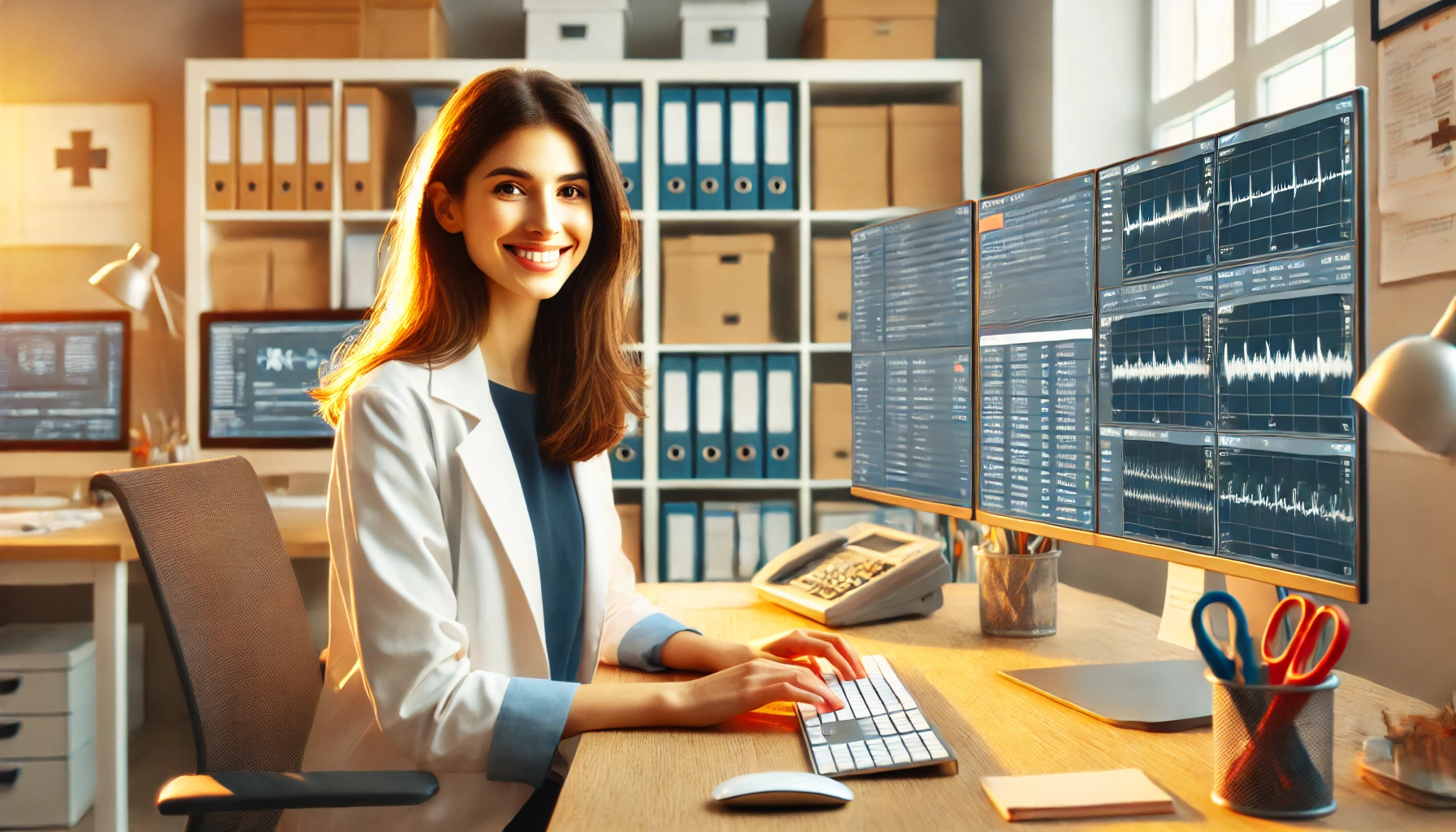 A female Medical Records Technician in a warmly lit office, sitting at a desk and working on a computer with multiple screens displaying digital patient records and healthcare charts. She is dressed in business-casual attire, with a friendly and professional expression, and the background features organized shelves and office supplies, creating a clean and efficient workspace.