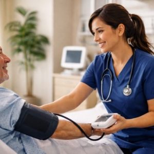 Licensed Vocational Nurse in navy scrubs taking patient blood pressure in California hospital setting