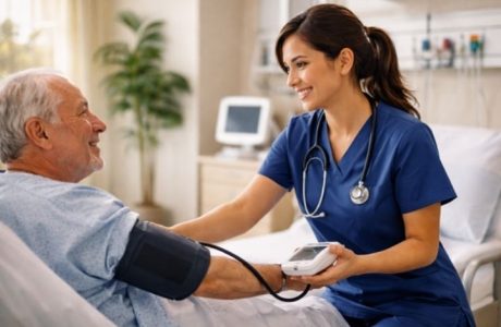 Licensed Vocational Nurse in navy scrubs taking patient blood pressure in California hospital setting