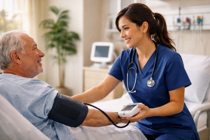 Licensed Vocational Nurse in navy scrubs taking patient blood pressure in California hospital setting