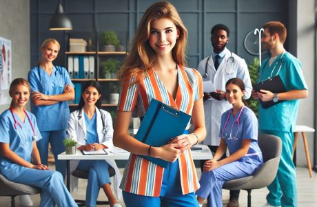 A modern medical office setting featuring a diverse group of healthcare professionals. The central focus is a female medical scheduler dressed in bright business casual attire, holding a tablet with scheduling software visible. She is surrounded by other professionals in clinical uniforms, symbolizing collaboration and teamwork. The office is brightly lit with sleek, modern decor and subtle healthcare-themed accents in the background.