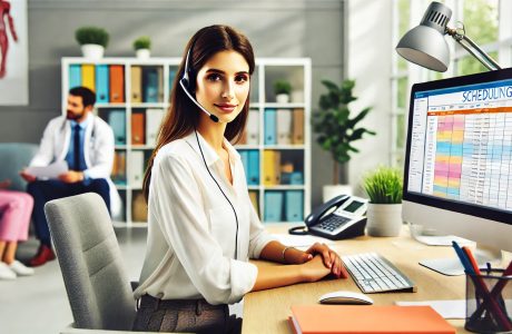 A professional medical scheduler dressed in business casual attire sits at her desk in a modern, brightly lit healthcare office. She is wearing a headset and looking directly at the camera with a friendly and confident expression. Her computer screen displays a scheduling application, and the workspace is clean and well-organized. The background subtly features a doctor consulting with a patient, emphasizing the scheduler’s role in managing appointments. The setting is vibrant and inviting, with warm, energetic colors.