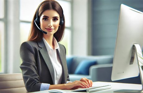 A female medical scheduler in business casual attire sits at a desk, working on a computer while wearing a headset for telephone communication. She faces the camera with a confident and friendly expression.