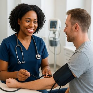A diverse medical assistant in navy blue scrubs professionally taking the blood pressure of a patient using a sphygmomanometer in a well-lit California medical clinic with an exam table and medical equipment visible, showing typical medical assistant clinical duties