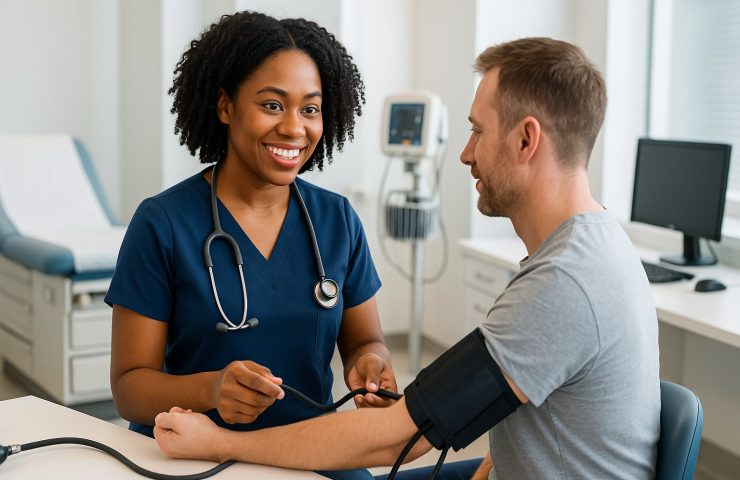 A diverse medical assistant in navy blue scrubs professionally taking the blood pressure of a patient using a sphygmomanometer in a well-lit California medical clinic with an exam table and medical equipment visible, showing typical medical assistant clinical duties