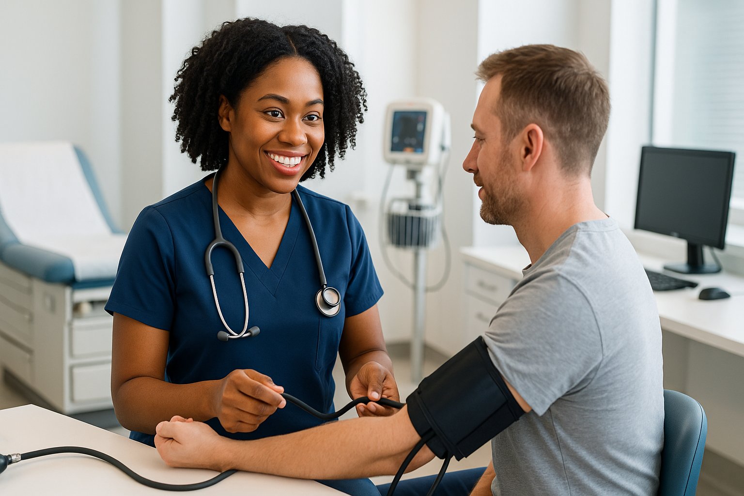 A diverse medical assistant in navy blue scrubs professionally taking the blood pressure of a patient using a sphygmomanometer in a well-lit California medical clinic with an exam table and medical equipment visible, showing typical medical assistant clinical duties