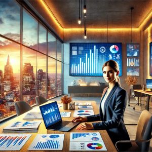 A professional workspace with business charts on the desk and an open laptop displaying analytical data. The room features a modern, minimalistic design with vibrant, warm lighting that creates an energetic and professional ambiance. Through a large window, there is a stunning view of downtown San Jose’s distinctive skyline, modern buildings, and surrounding hills under a clear, sunny sky. In the foreground, a female Office Manager is prominently featured, confidently facing the camera. She has a warm and approachable demeanor, dressed in stylish, contemporary business attire, reflecting leadership and competence. The scene beautifully balances productivity with a vibrant urban atmosphere, with the Office Manager as the central figure.