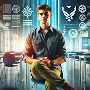 A young, proud veteran in smart-casual attire sits confidently in a bright, modern classroom. The background features digital displays and contemporary architecture, symbolizing an innovative and forward-thinking educational environment. The scene conveys a sense of transition and opportunity, with subtle military elements. The lighting is vibrant and dynamic, with bold, uplifting colors that create an inspiring atmosphere of growth and success.