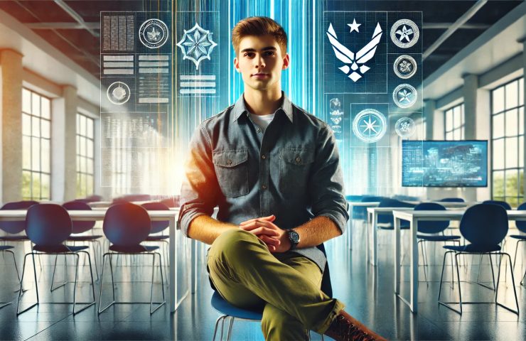A young, proud veteran in smart-casual attire sits confidently in a bright, modern classroom. The background features digital displays and contemporary architecture, symbolizing an innovative and forward-thinking educational environment. The scene conveys a sense of transition and opportunity, with subtle military elements. The lighting is vibrant and dynamic, with bold, uplifting colors that create an inspiring atmosphere of growth and success.
