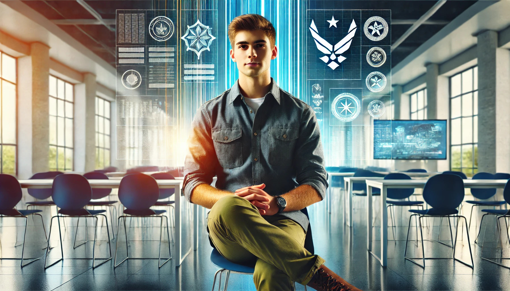 A young, proud veteran in smart-casual attire sits confidently in a bright, modern classroom. The background features digital displays and contemporary architecture, symbolizing an innovative and forward-thinking educational environment. The scene conveys a sense of transition and opportunity, with subtle military elements. The lighting is vibrant and dynamic, with bold, uplifting colors that create an inspiring atmosphere of growth and success.