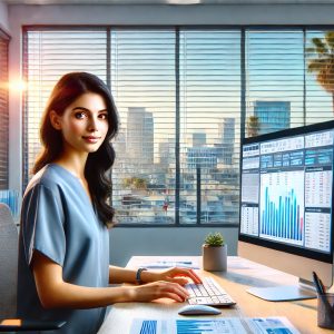 A vibrant, modern office scene featuring a focused female medical biller working at a computer displaying medical billing software and coding charts. The clean, well-lit workspace offers a glimpse of California's sunny, coastal atmosphere with palm trees and bright skies.
