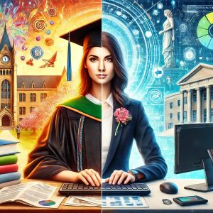 A vibrant split-image of a female medical biller’s journey. The left half depicts her as a student, wearing a graduation cap and gown, holding a diploma, with a bright academic background featuring books, a university building, and celebratory elements. The right half shows her in her professional career, dressed in business attire, working at a sleek, modern desk with multiple screens displaying medical billing records and financial charts. The background transitions smoothly from a university setting to a high-tech medical office, with bright and engaging colors creating an inspiring and dynamic composition.