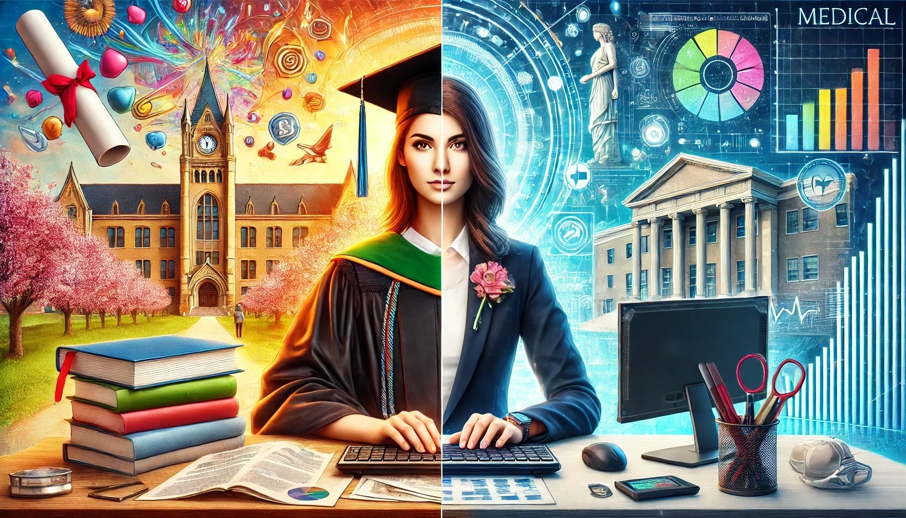 A vibrant split-image of a female medical biller’s journey. The left half depicts her as a student, wearing a graduation cap and gown, holding a diploma, with a bright academic background featuring books, a university building, and celebratory elements. The right half shows her in her professional career, dressed in business attire, working at a sleek, modern desk with multiple screens displaying medical billing records and financial charts. The background transitions smoothly from a university setting to a high-tech medical office, with bright and engaging colors creating an inspiring and dynamic composition.