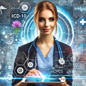 A futuristic healthcare setting featuring a confident young female professional with a warm smile, interacting with a tablet. She is surrounded by vivid digital elements, including icons representing ICD, CPT, and HCPCS codes, along with abstract data streams and floating graphs. The background showcases a high-tech medical office with holographic displays and a glowing blue color scheme, emphasizing a technologically advanced medical billing environment.