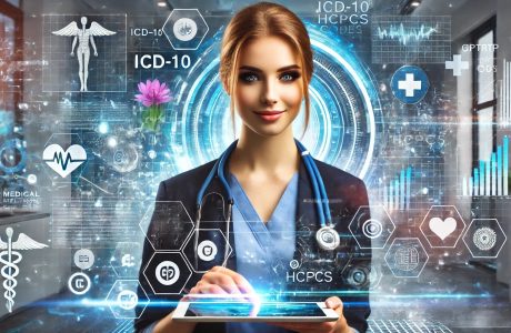 A futuristic healthcare setting featuring a confident young female professional with a warm smile, interacting with a tablet. She is surrounded by vivid digital elements, including icons representing ICD, CPT, and HCPCS codes, along with abstract data streams and floating graphs. The background showcases a high-tech medical office with holographic displays and a glowing blue color scheme, emphasizing a technologically advanced medical billing environment.