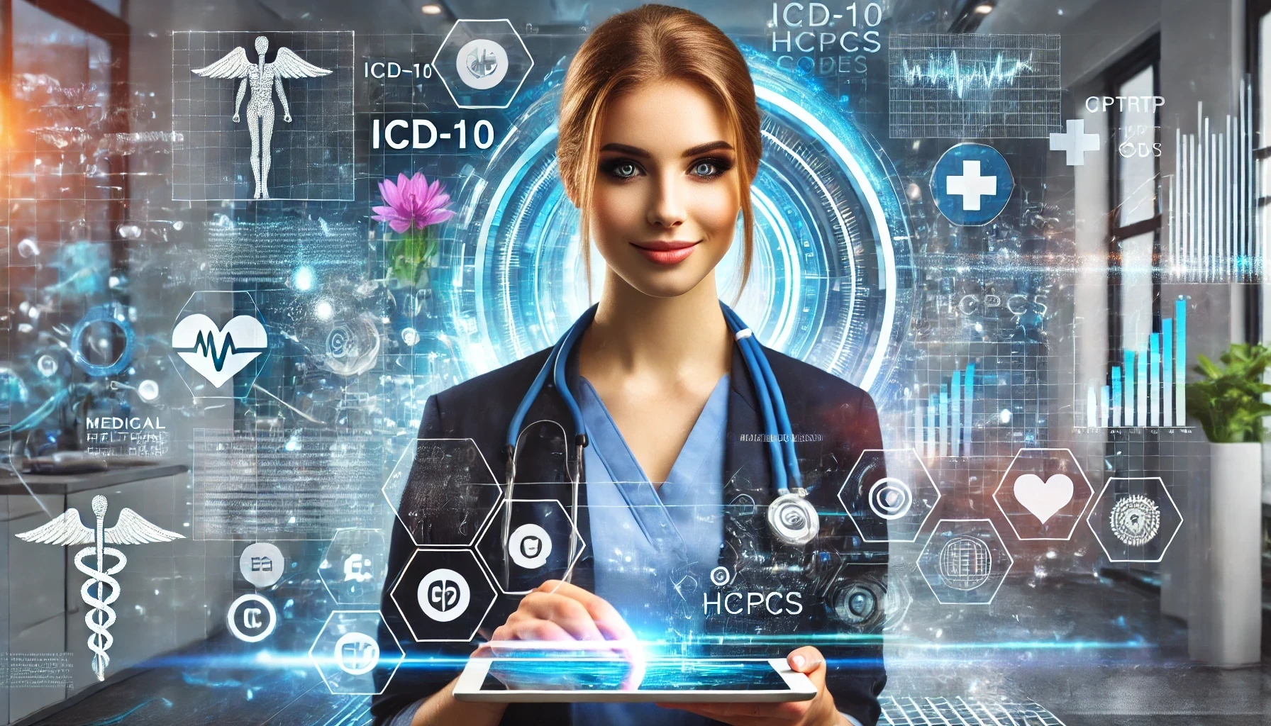 A futuristic healthcare setting featuring a confident young female professional with a warm smile, interacting with a tablet. She is surrounded by vivid digital elements, including icons representing ICD, CPT, and HCPCS codes, along with abstract data streams and floating graphs. The background showcases a high-tech medical office with holographic displays and a glowing blue color scheme, emphasizing a technologically advanced medical billing environment.
