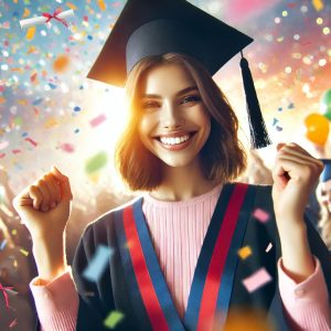 A joyful female graduate stands facing the camera, wearing a graduation cap and gown. She raises her arms triumphantly with a bright smile, exuding confidence and pride. The background is filled with vibrant colors and celebratory confetti, symbolizing achievement and an exciting future. The overall scene is uplifting, energetic, and full of optimism.