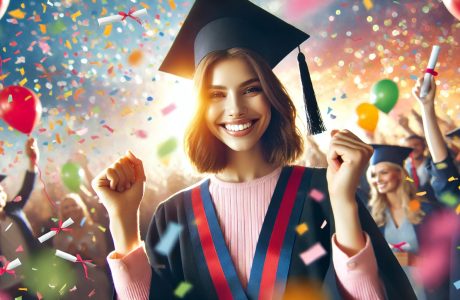 A joyful female graduate stands facing the camera, wearing a graduation cap and gown. She raises her arms triumphantly with a bright smile, exuding confidence and pride. The background is filled with vibrant colors and celebratory confetti, symbolizing achievement and an exciting future. The overall scene is uplifting, energetic, and full of optimism.