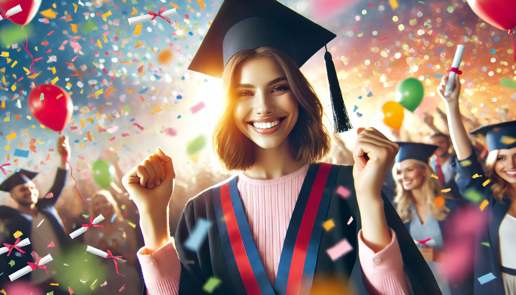 A joyful female graduate stands facing the camera, wearing a graduation cap and gown. She raises her arms triumphantly with a bright smile, exuding confidence and pride. The background is filled with vibrant colors and celebratory confetti, symbolizing achievement and an exciting future. The overall scene is uplifting, energetic, and full of optimism.